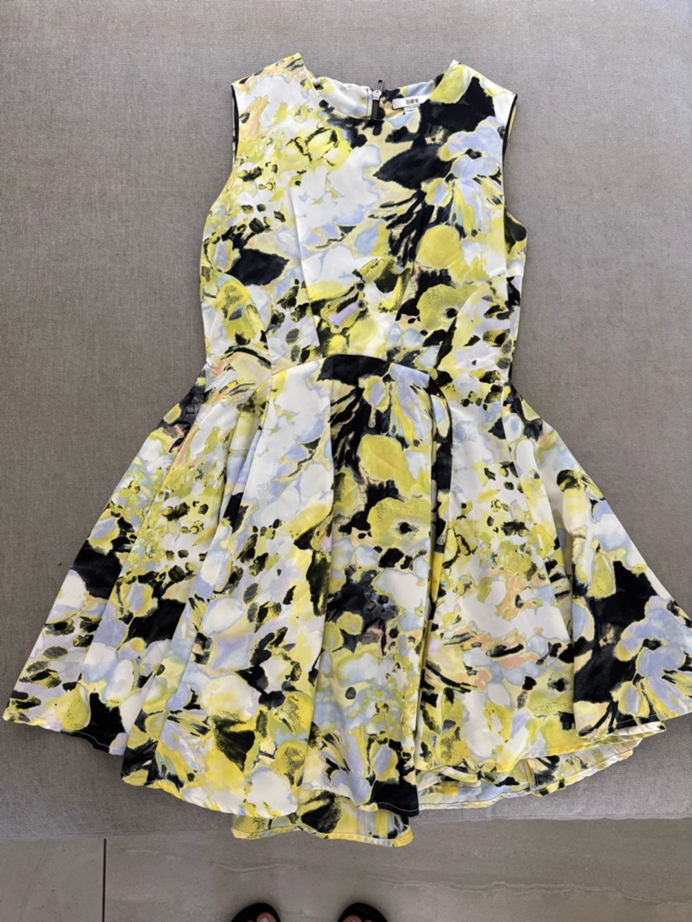 Bar III Yellow Black White Floral Fit-and-Flare Dress